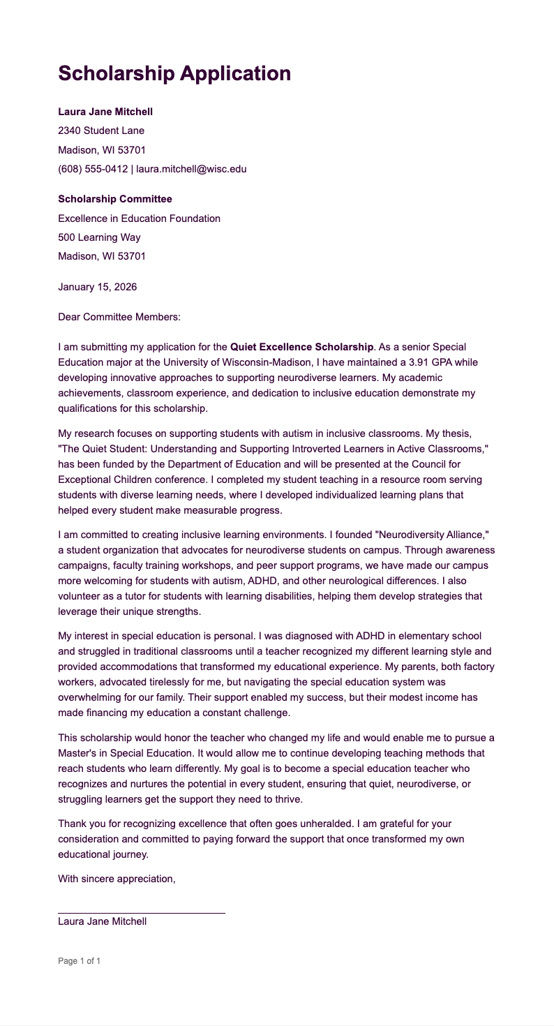 Understated Scholarship Letter